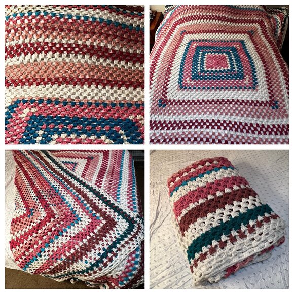 VTG Handmade Crochet Granny Square Afghan Blanket Pink Blue White Cozy Home - Picture 2 of 16
